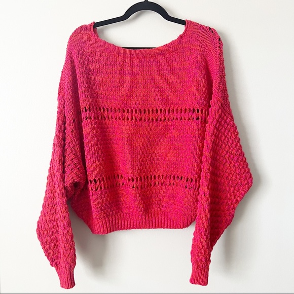 Free People Coconut V Neck Sweater in Dragonfruit open knit size small - Picture 3 of 6